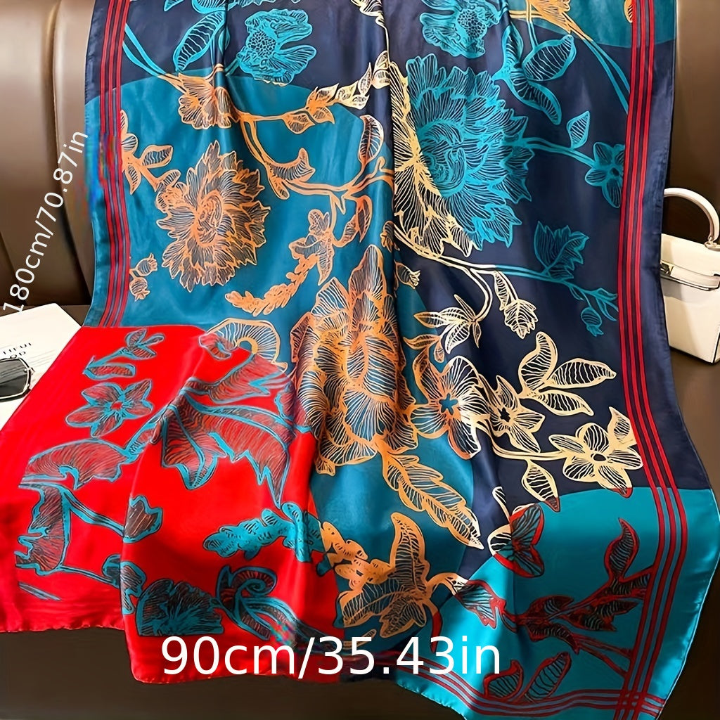 Vintage Flower Print Scarf Silk Shawl Women Head Wrap Satin Sunscreen