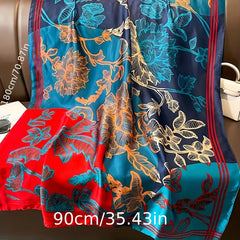 Vintage Flower Print Scarf Silk Shawl Women Head Wrap Satin Sunscreen