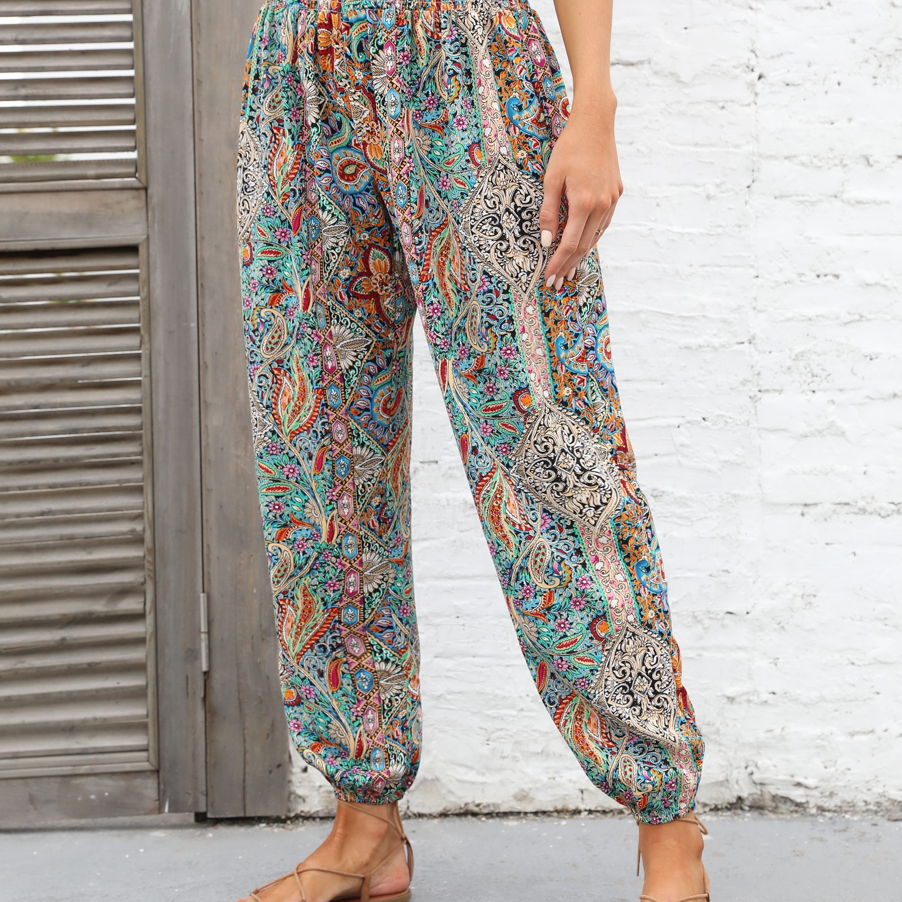 Paisley Print Smocked Waist Harem Pants Boho Pants