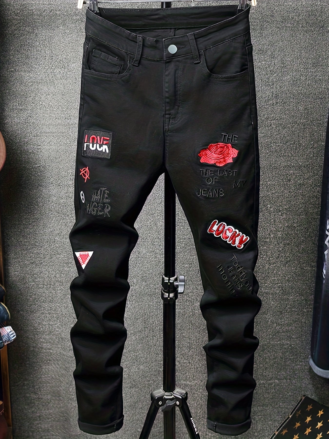 Slim Fit Embroidery Jeans Men s Casual Stretch Street Style Cotton Denim Pants