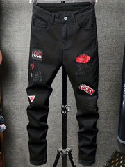 Slim Fit Embroidery Jeans Men s Casual Stretch Street Style Cotton Denim Pants