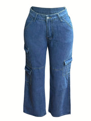 High Rise Cargo Jeans Zipper Button Closure Casual Denim Pants