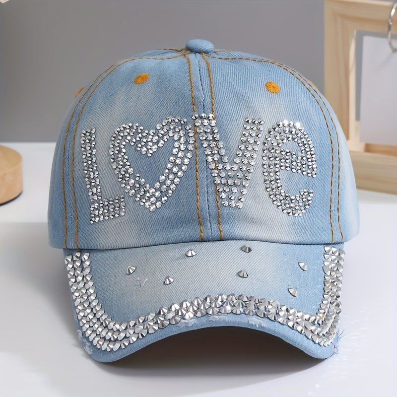 Love Rhinestone Baseball Cap Denim Sun Hat Studded Lightweight