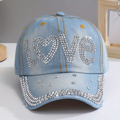 Love Rhinestone Baseball Cap Denim Sun Hat Studded Lightweight