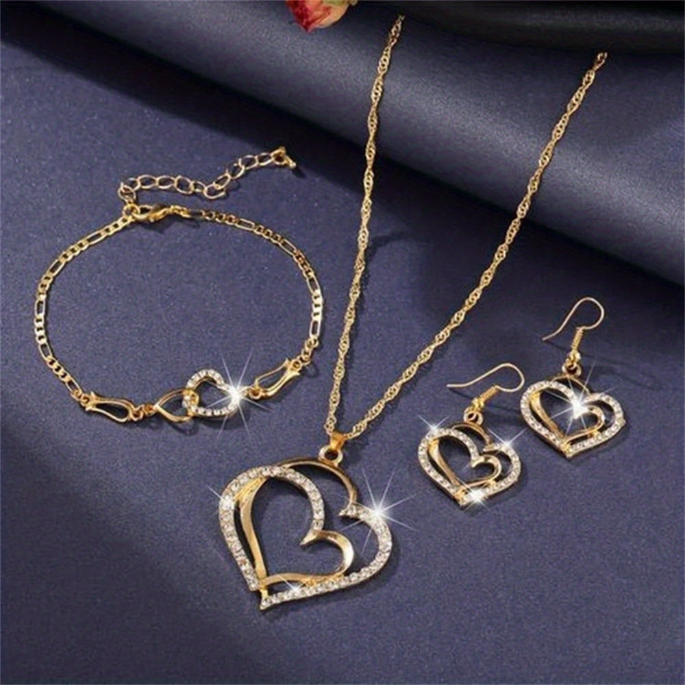 Heart Pendant Jewelry Set Rhinestone Decor Necklace Bracelet Earrings