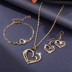 Heart Pendant Jewelry Set Rhinestone Decor Necklace Bracelet Earrings