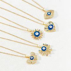 Colorful Rhinestone Eyes Pendant Necklace with Sun Heart Butterfly Starry Sky