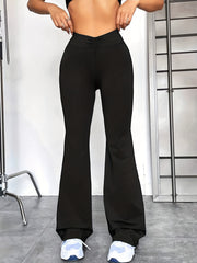 Solid Pleated Waist Flared Pants Women's Activewear