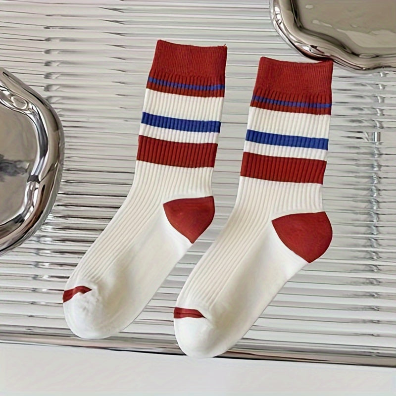 5 Pairs Colorblock Striped Socks Mid Tube Stockings