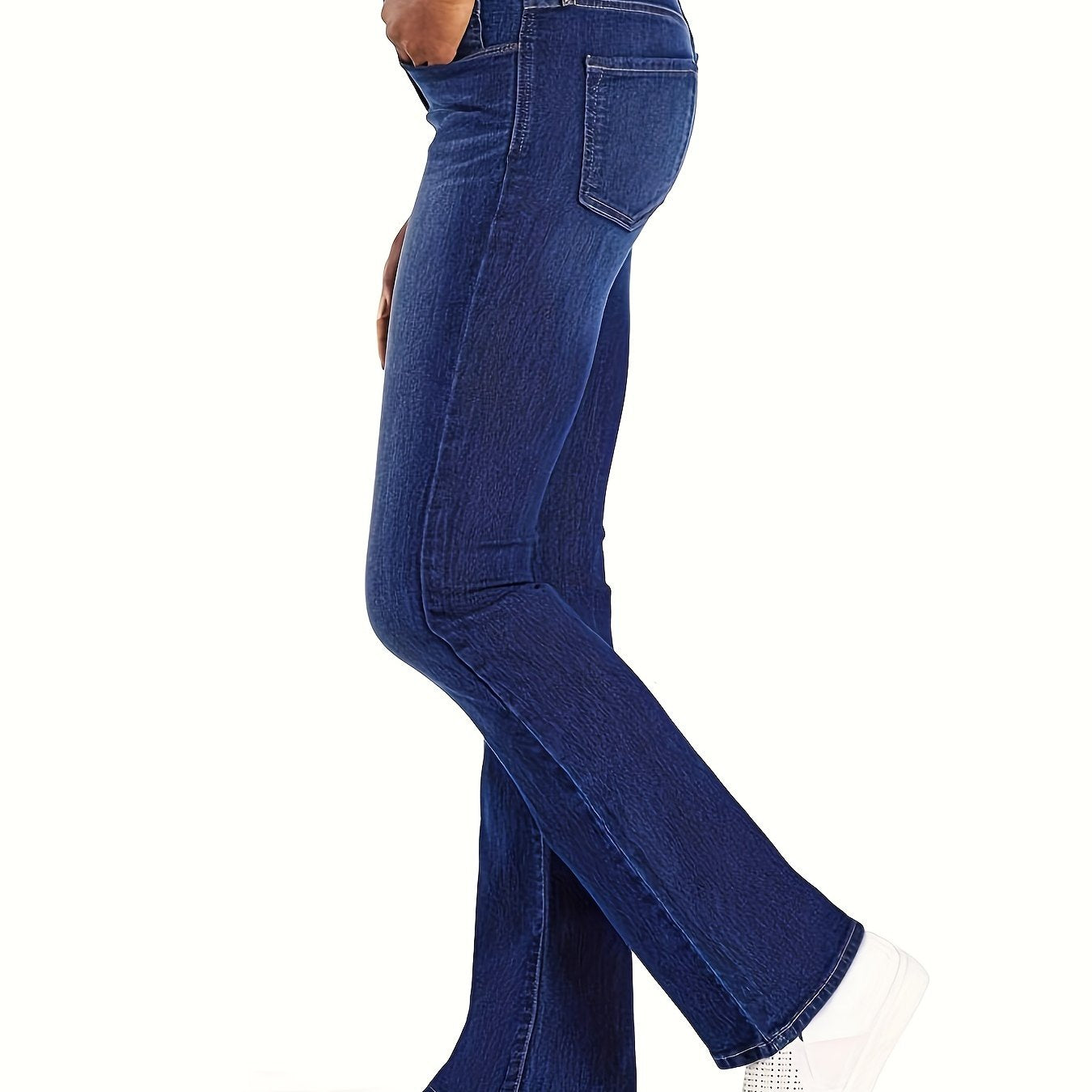 Navy High Stretch Flared Jeans Bell Bottom Slash Pockets Wide Legs Denim Pants