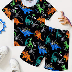 2pcs Boys Dinosaur Graphic Print Tee & Shorts Set Summer Kids Clothes