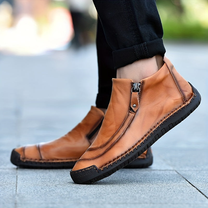 Men's Vintage High Top Boots, Zipper Closure, Casual Outdoor Shoes