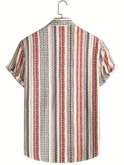 Men's Vintage Lapel Shirt Button Up Short Sleeve with Stripes & Graphics