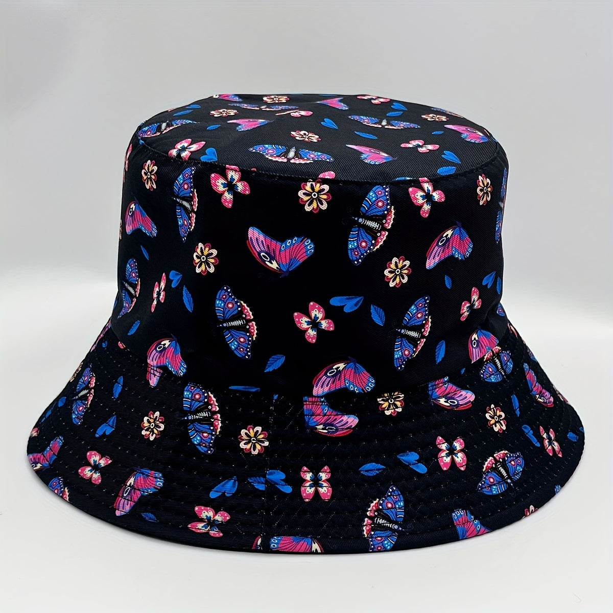 Butterfly Print Reversible Bucket Hat Cotton Fisherman Cap