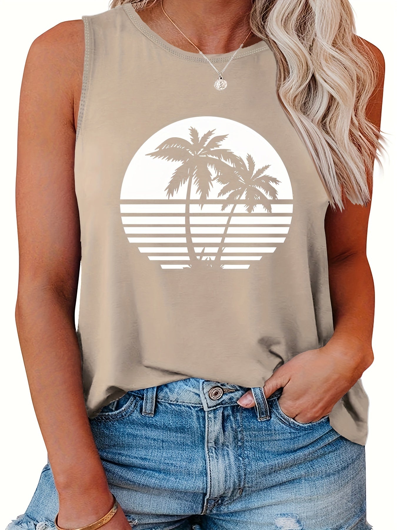 Palm Tree Print Round Neck Tank Top for Women