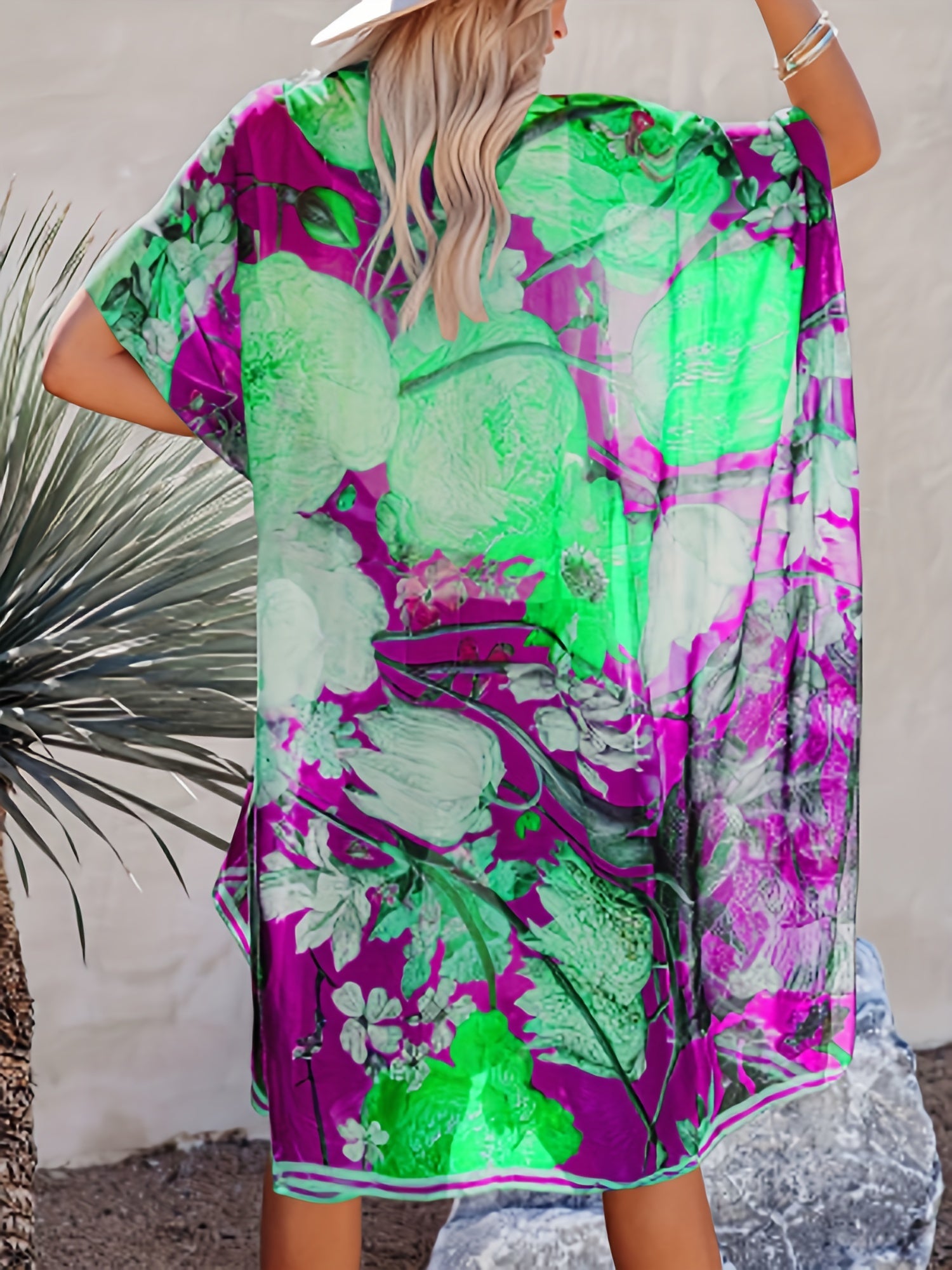 Floral Print Kimono Sleeve Cover Up Loose Open Front Cardigan Beachwear