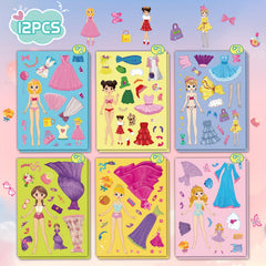 12pcs Princess Dress Up Stickers DIY Decals Self Adhesive PVC