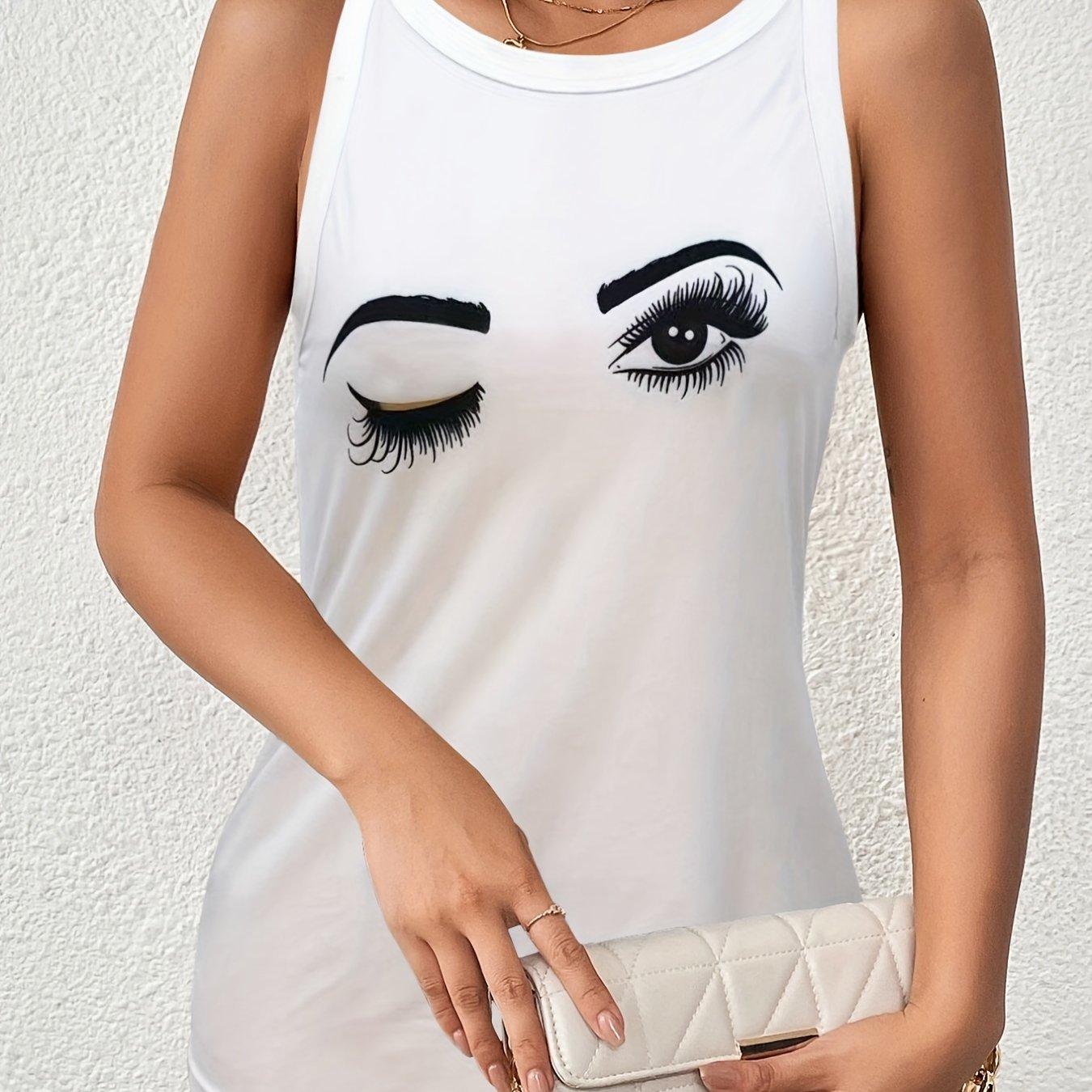 Eye & Eyelash Print Neck Tank Top Women's Sleeveless Top