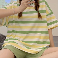 Striped Pajama Set Crew Neck Top & Shorts Women's Sleepwear