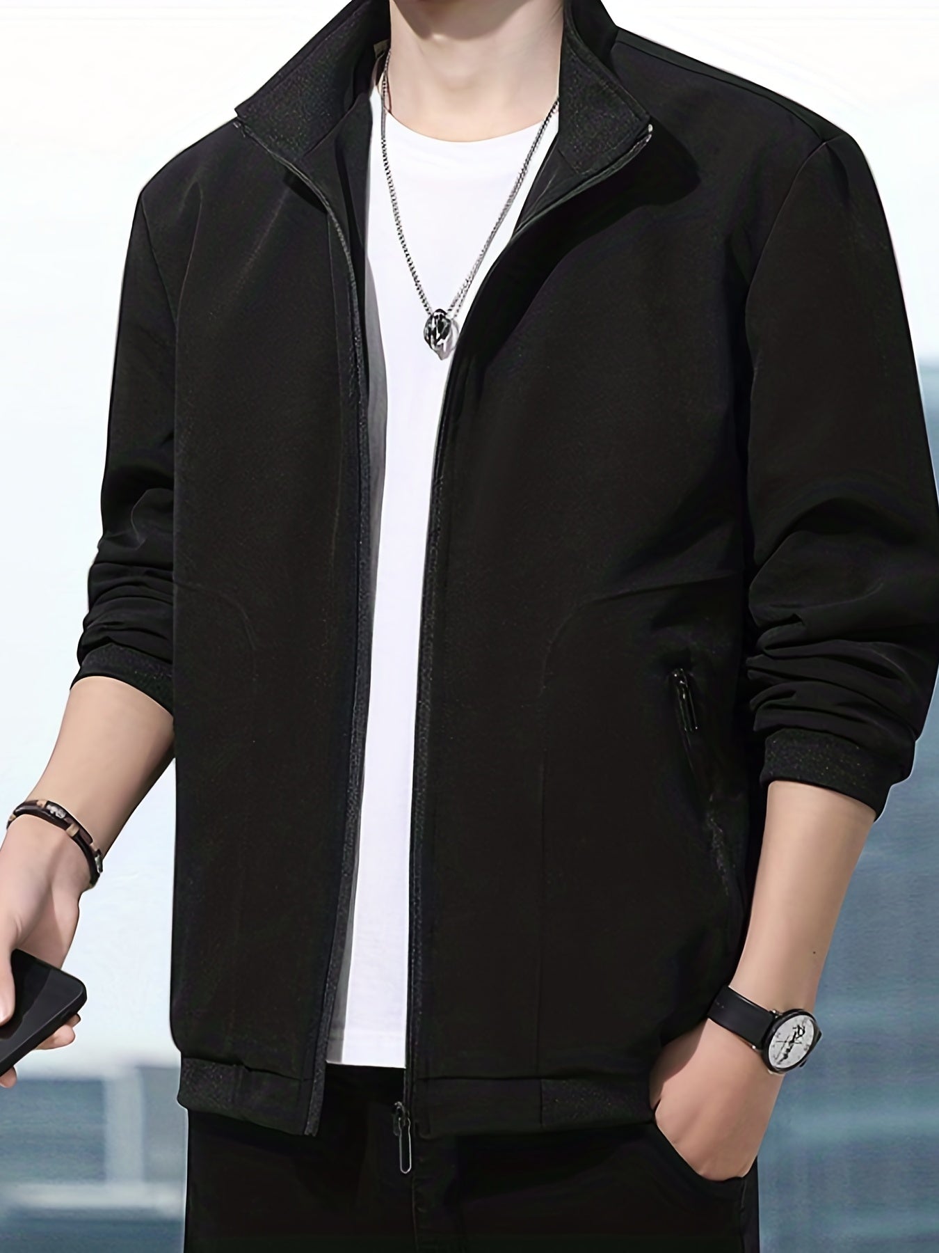 Men's Casual Baseball Jacket Stand Collar Zip Up Coat Hipster Streetwear