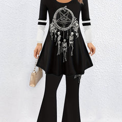 Gothic Skull Print Tee & Flared Leg Pants Two Piece Set