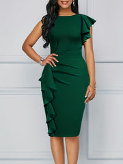 Solid Ruffle Trim Dress Boat Neck Slim Midi Dress