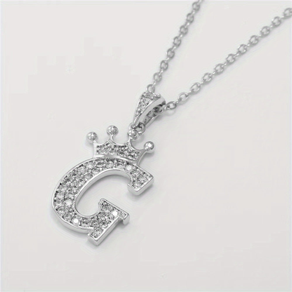 Zircon Crown Letter Necklace Pendant in Golden Plated Copper Chain
