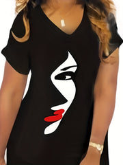 Abstract Figure Print Short Sleeve V Neck Stretch Dress