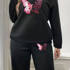 Plus Size Lounge Set Women's Butterfly Print Fleece Top & Joggers Pajamas