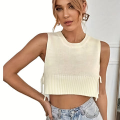 Lace Up Crop Tank Top Crew Neck Vest Summer Women's Clothing