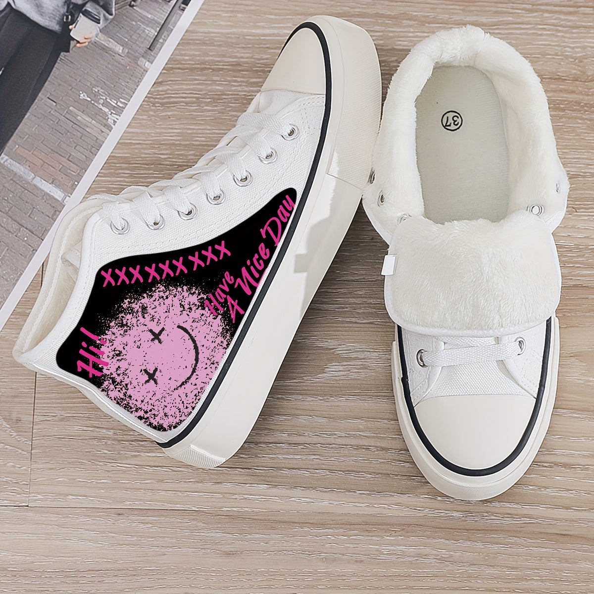 Graffiti Face Print Plush Lined Sneakers