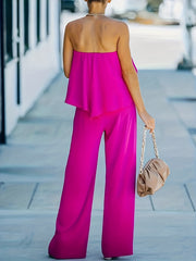 Off Shoulder Wide Leg Jumpsuit Tie Waist Solid Color