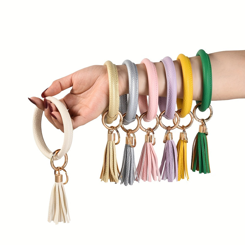 Circle Bracelets Keychain Women PU Leather Tassel Pendant