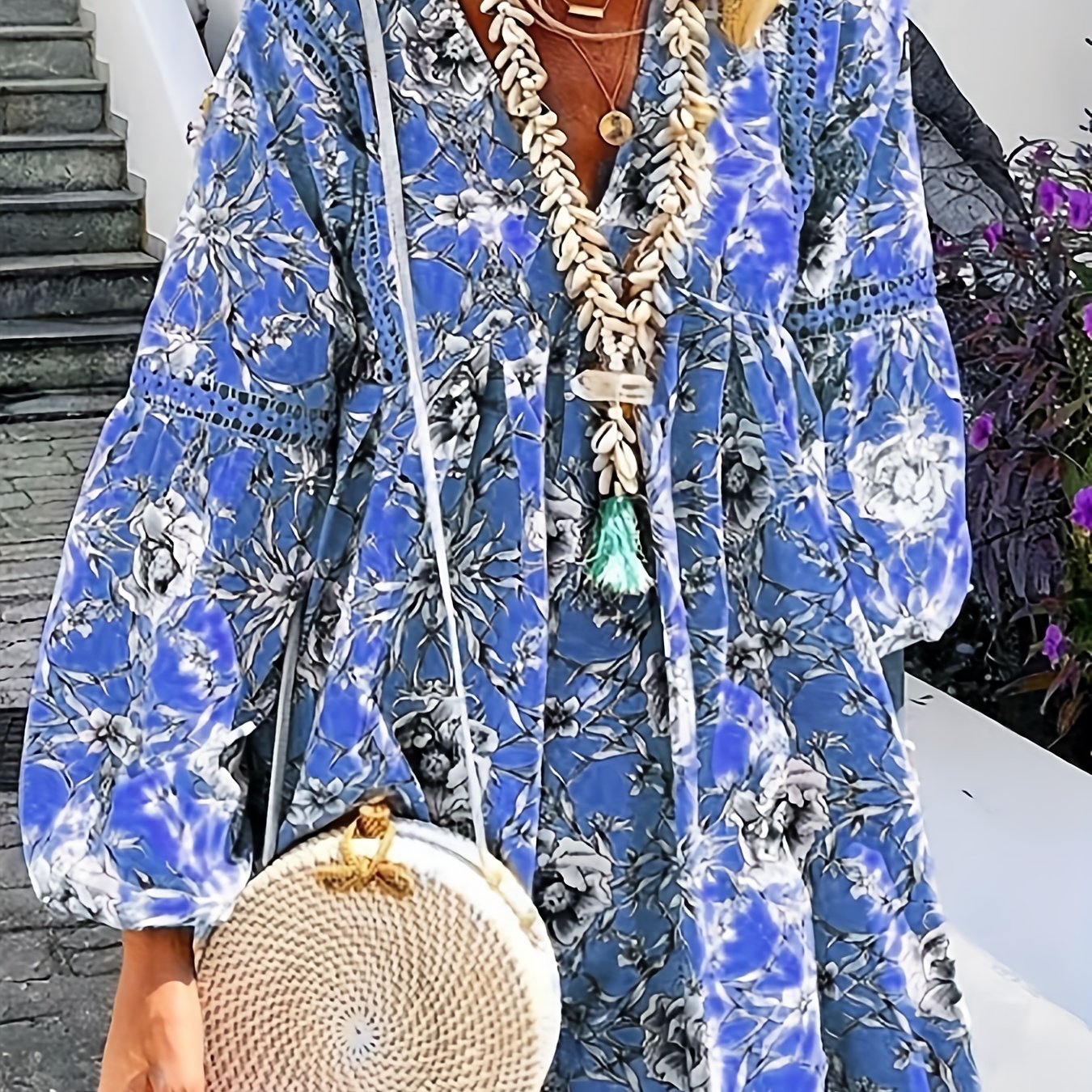 Floral Print Lantern Sleeve V Neck Mini Dress