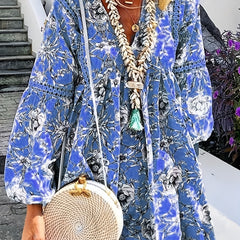 Floral Print Lantern Sleeve V Neck Mini Dress