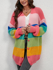Rainbow Striped Knit Cardigan V-Neck Button Front Sweater