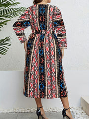 Geometric Print V Neck Dress With Belt
