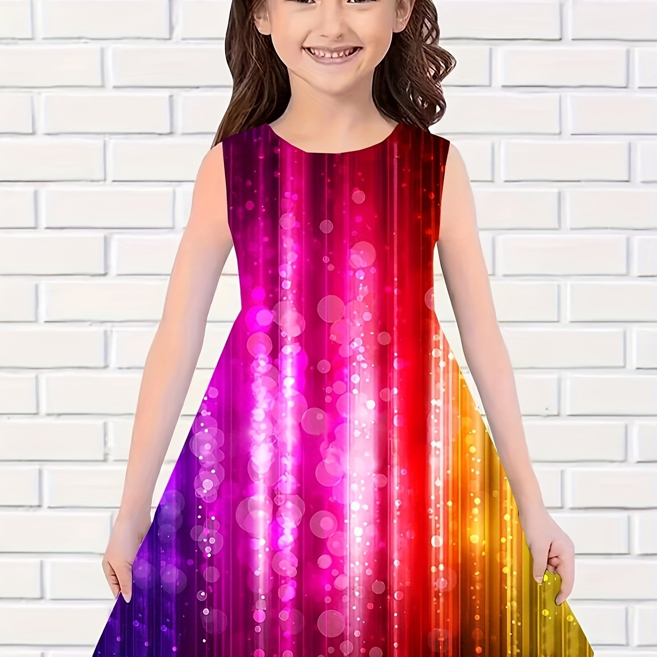 Rainbow Style Print Dress Girls Casual Sleeveless Dresses For Summer Party