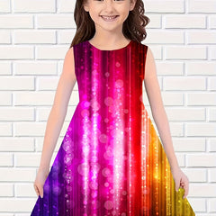 Rainbow Style Print Dress Girls Casual Sleeveless Dresses For Summer Party