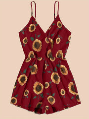 Sunflower Print Cami Romper Jumpsuit V Neck Sleeveless