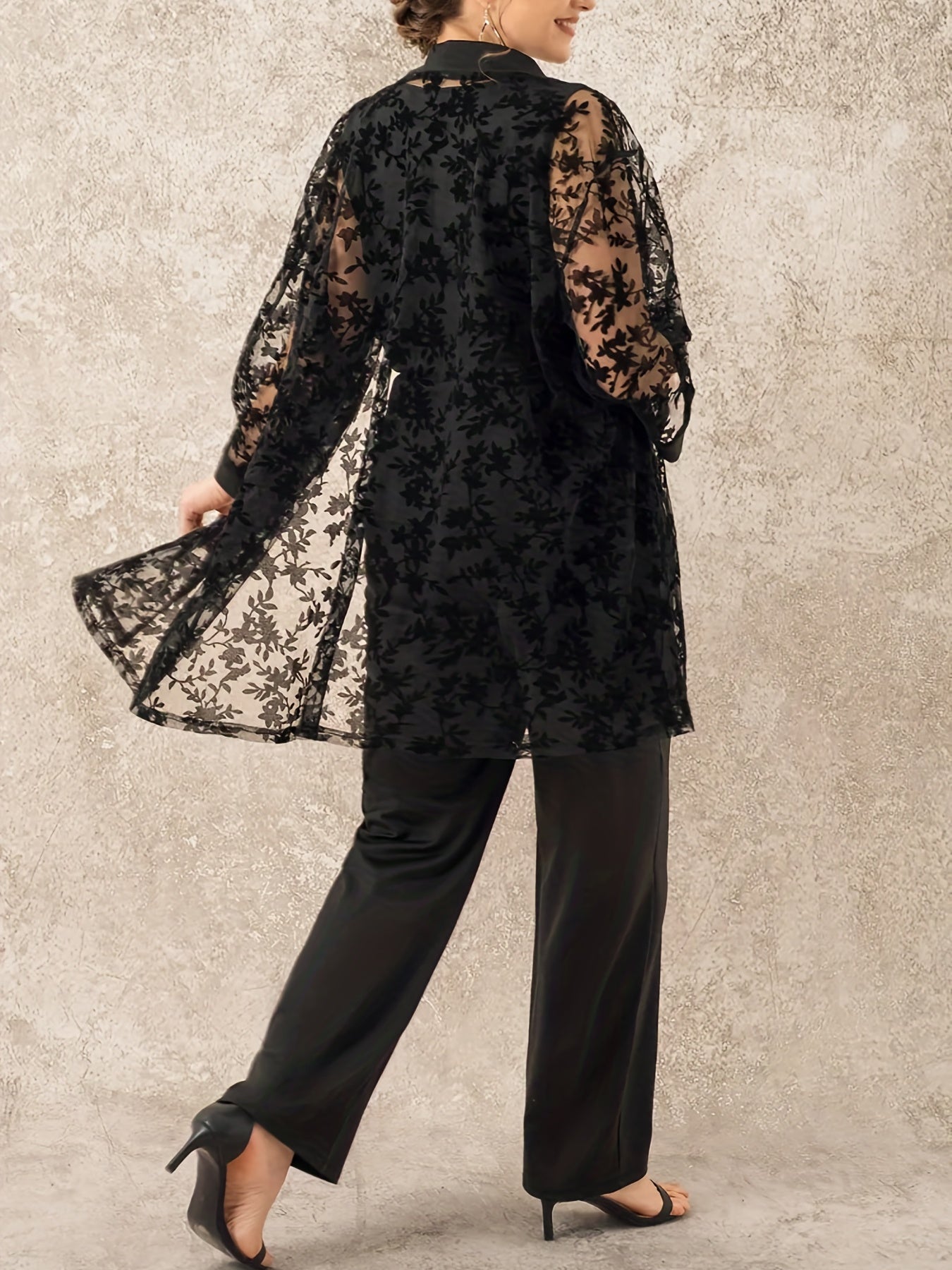 Floral Mesh Cardigan & Tank Top & Pants Outfit