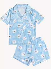 Girls Cat Graphic Pajama Set Button Top & Shorts Summer Sleepwear
