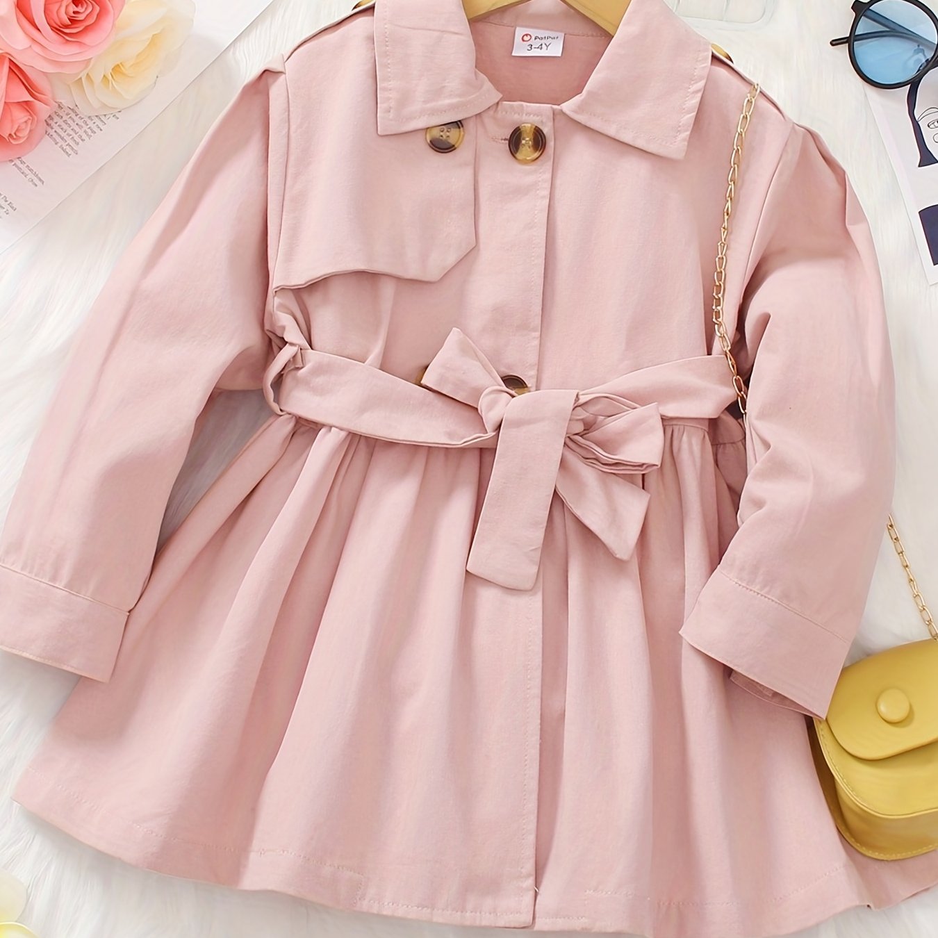 Toddler Girl Lapel Collar Belted Pink Trench Coat Casual Button Windbreaker