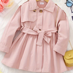 Toddler Girl Lapel Collar Belted Pink Trench Coat Casual Button Windbreaker