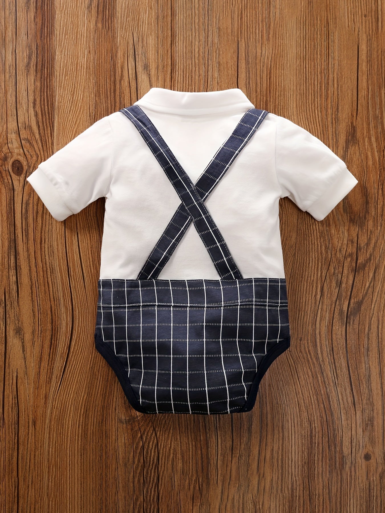 Baby Boys Grid Bow Tie Short Sleeve Suspender Cotton Onesie