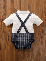 Baby Boys Grid Bow Tie Short Sleeve Suspender Cotton Onesie