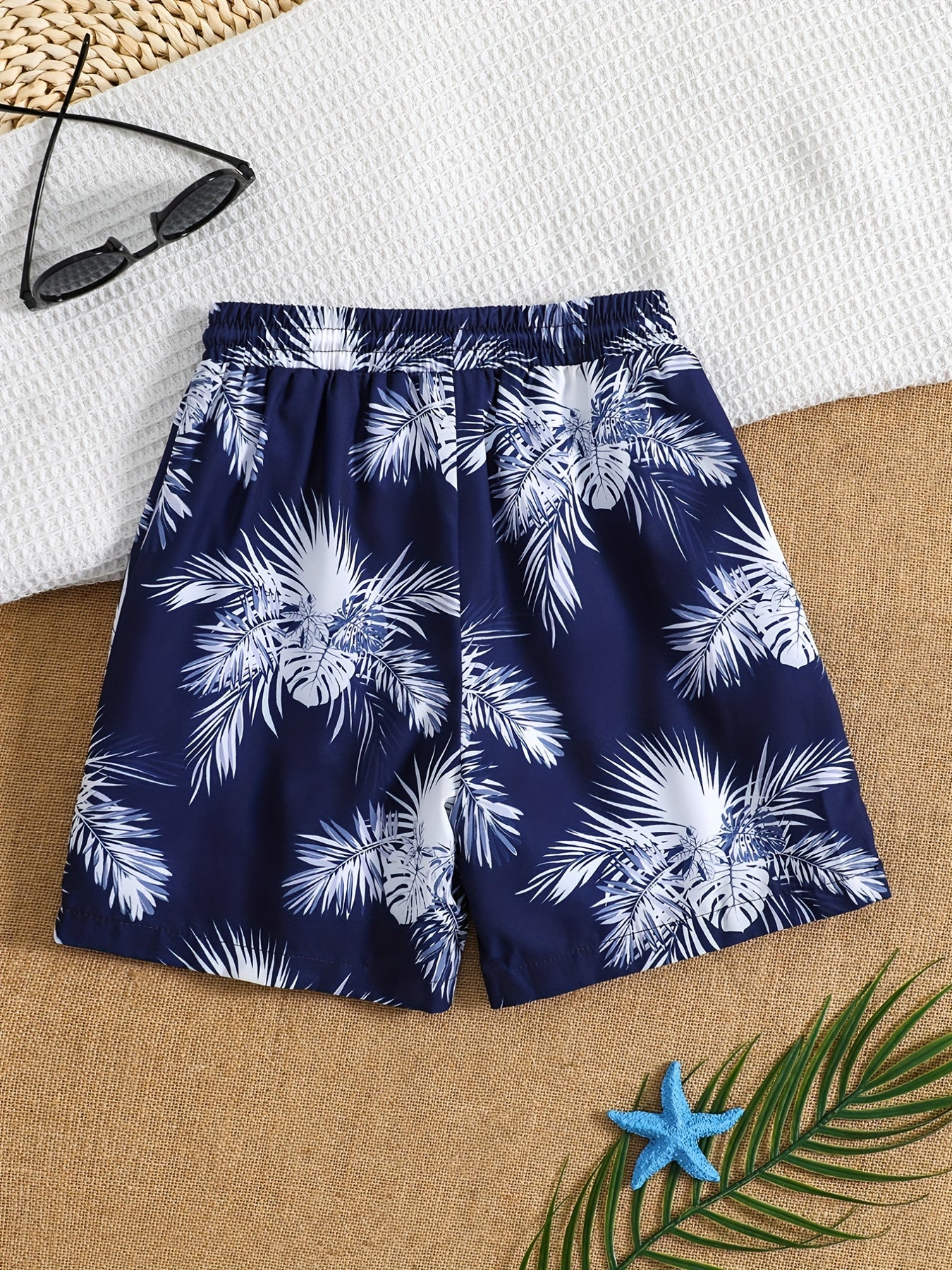Boy's Plant Pattern Beach Shorts Drawstring Stretchy Casual Kids Clothes