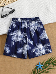 Boy's Plant Pattern Beach Shorts Drawstring Stretchy Casual Kids Clothes