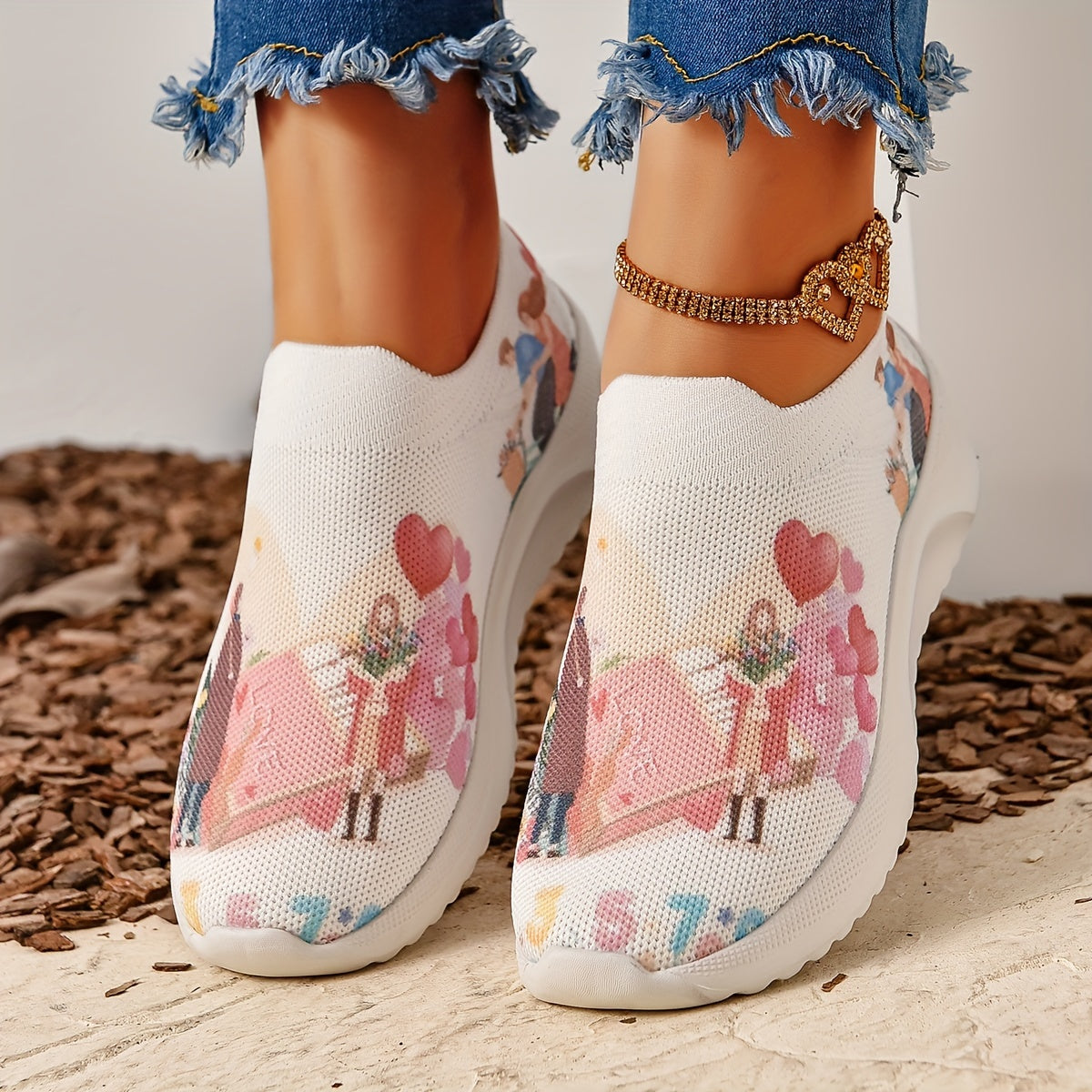 Cartoon Couple Graphic Sneakers Breathable Outdoor Walking Shoes Women