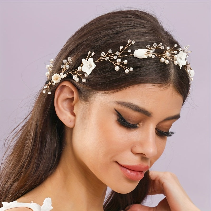 Faux Pearl Flower Headband Tiara for Women Party Hair Accessory